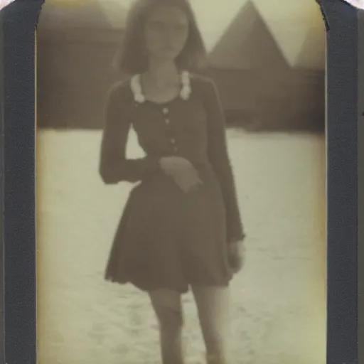 Image similar to a very beautiful old polaroid picture of a young women at the beach, award winning photography