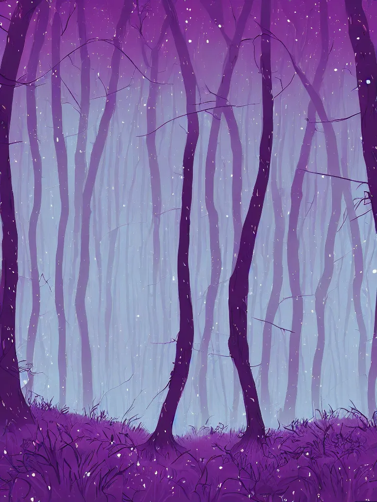 Image similar to a digital art of a close up view of a forest, fireflies flying around, purple color scheme, by laurie greasley, artstation, studio ghibli color scheme