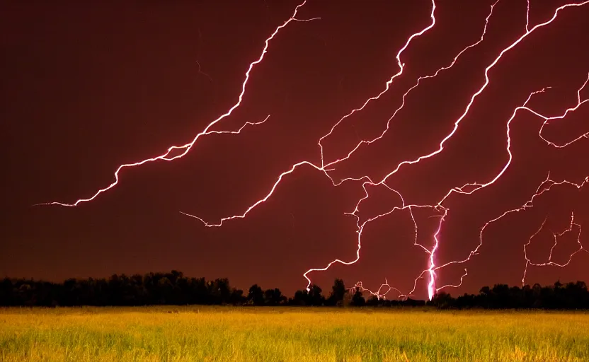 Prompt: red lightning bolts shoot from the ground, dark night, field, fire is visible on the horizon, high contrast, unsettling photo