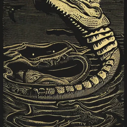 Prompt: Woodcut portrait of a beautiful cute crocodile with robot ears by falling into the stars greg rutkowski, 4k, intricate details