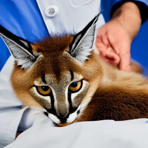 Image similar to doctor using a stethoscope to examine a cute fluffy caracal under bright operating room lights, closeup, wide angle, backlit