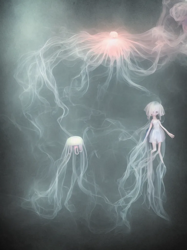 Prompt: cute fumo plush smiling ectoplasmic gothic jellyfish ghost girl, dancing on a foggy riverbank, glowing wisps of hazy smoke, lens flare, vignette, refraction, vray