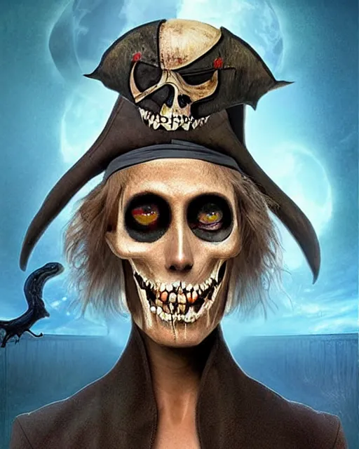 Image similar to halloween pirate theme surrealist art in the styles of igor morski, jim warren, and a tim burton film, intricate, hyperrealistic, accurate facial details, profile picture with chromakey!!!!! background, volumetric lighting