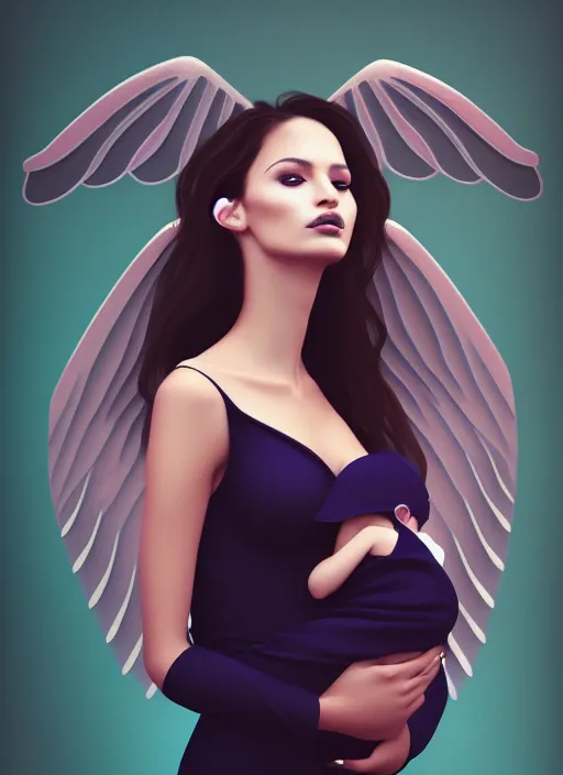 Prompt: beautiful women with wings holding her baby, latina, rule of thirds, haze, intricate, symmetrical!!, makeup, loreal, maybelline, depth of field, cinematic, filmic, vsco, concept art, artstation, digital painting, elegant, model