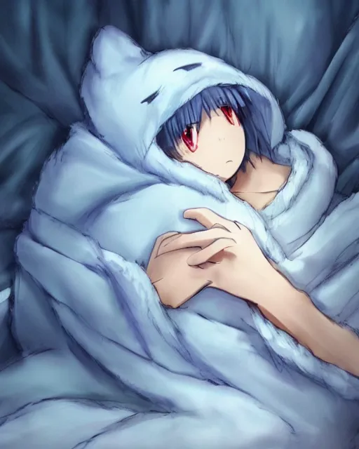 Image similar to hugging a blanket tightly, anime concept art, ambient cozy lighting, fluffy blue blanket, cute