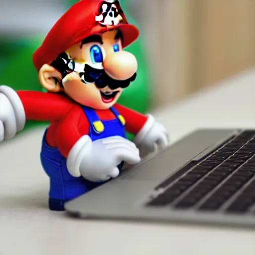 Prompt: photo of super mario working on his macbook, highly detailed, extremely high quality, hd, 4 k, 8 k, professional photographer, 4 0 mp, lifelike, top - rated, award winning, realistic, detailed lighting, detailed shadows, sharp, no blur, edited, corrected, trending