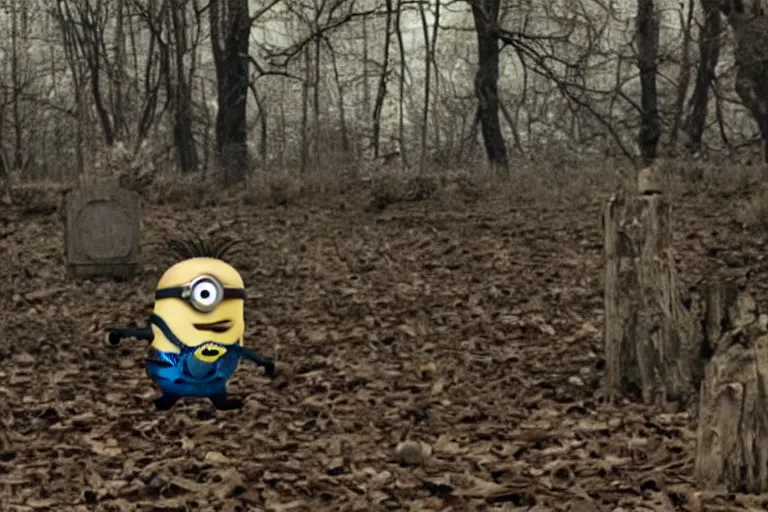 Image similar to a still of a minion in blair - witch project ( 1 9 9 9 )