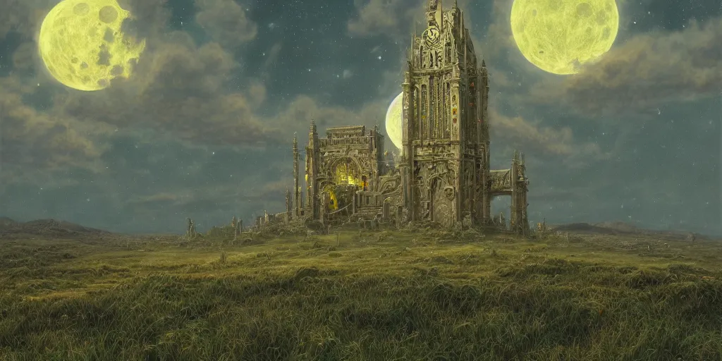 Prompt: The great intricate marble and golden wizards tower, painted landscape, green fields in the background, moody lighting, moon in the night sky, sharp image, 4k, art by Donato Giancola and Bayard Wu, digital art, trending on artstation