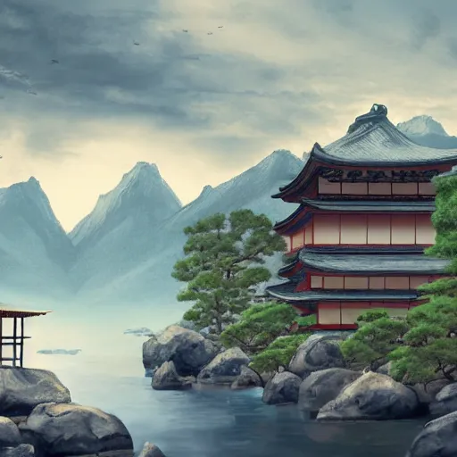 Prompt: concept art of old japanese village on the rocks, surrounded by rocky mountains, overcast weather