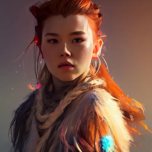 Prompt: beautiful Aloy from Horizon Zero Dawn, huggy-wuggy from poppy-playtime the video game, Yuumei, Yanjun Cheng, digital painting, portrait , cinematic lighting, highly detailed, concept art, Atmosphere, illustration, smooth, sharp focus, editor's pickup, trending on artstation, trending on deviantart