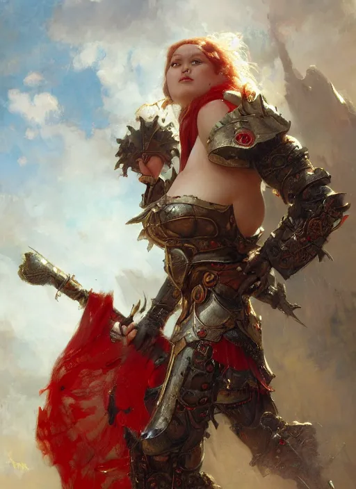 Image similar to beautiful anorei collins bbw plumper big girl wearing tiny red steel armour, detailed by gaston bussiere, bayard wu, maxim verehin, greg rutkowski, masterpiece, sharp focus, cinematic lightning