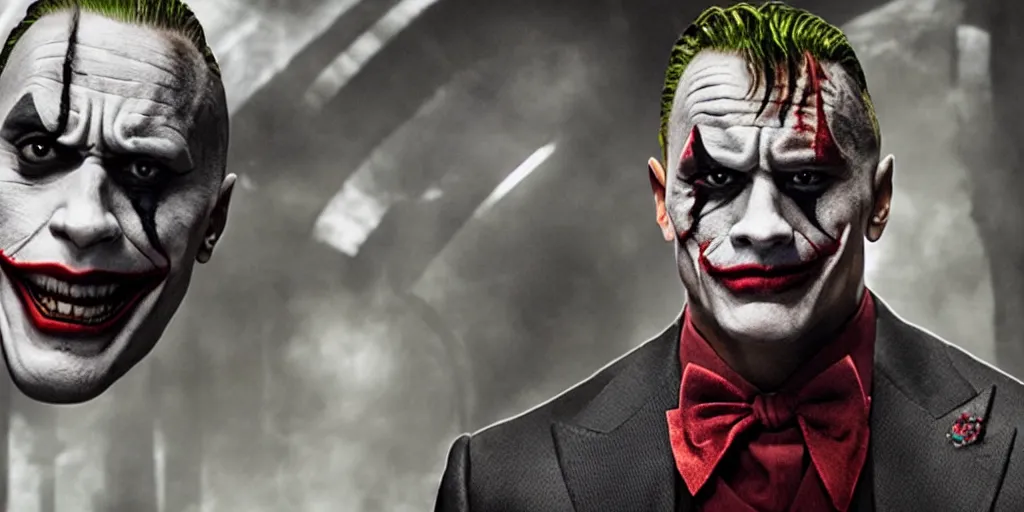 Image similar to dwayne johnson as the joker, movie still