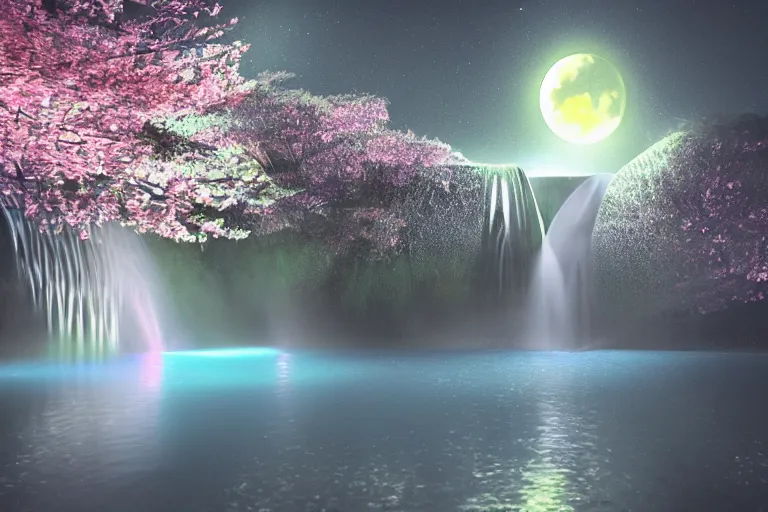 Prompt: Bioluminescent waterfall, cherry-blossom-tree, night-time, moon, fireflies, atmospheric, magical atmosphere, octane render, artstation, HD, 8K