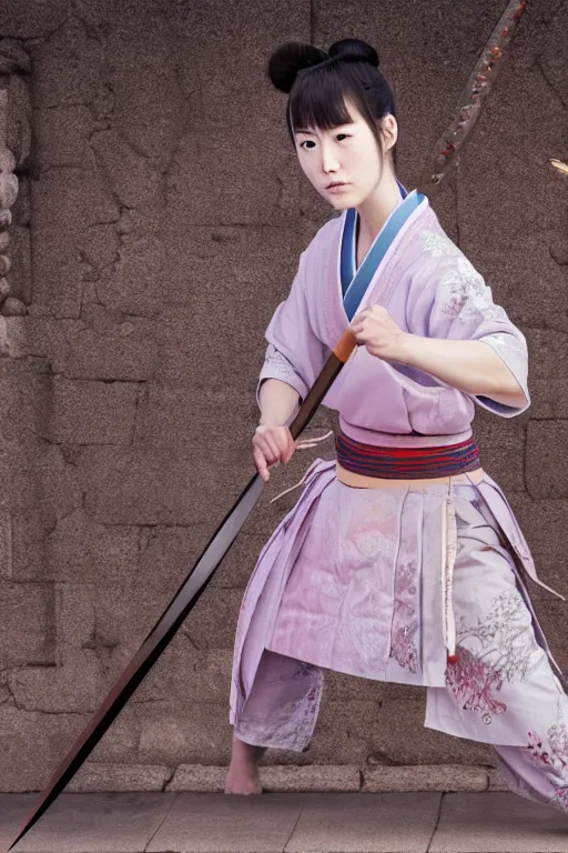 Image similar to highly detailed beautiful photo of a young female samurai, practising sword stances in a ancient temple, symmetrical face, beautiful eyes, realistic anime art style, 8 k, award winning photo, pastels, action photography, 1 / 1 2 5 shutter speed, dramatic lighting