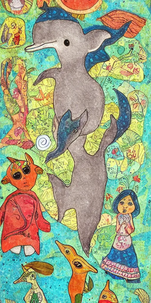 Image similar to tiny dolphin deer singing, children's book illustration, traditional folk art style, reliefed mixed media collage, outsider art, David Palladini, Hisako Aoki, tarot card, Henry Darger, Louis Wain