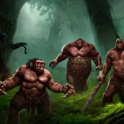 Image similar to giant dungeons and dragons ettin giant with many heads, ettin from dungeons and dragons, dnd in a dark forest, digital art, high quality render, artstation, 8 k, photograph quality, ultrahd