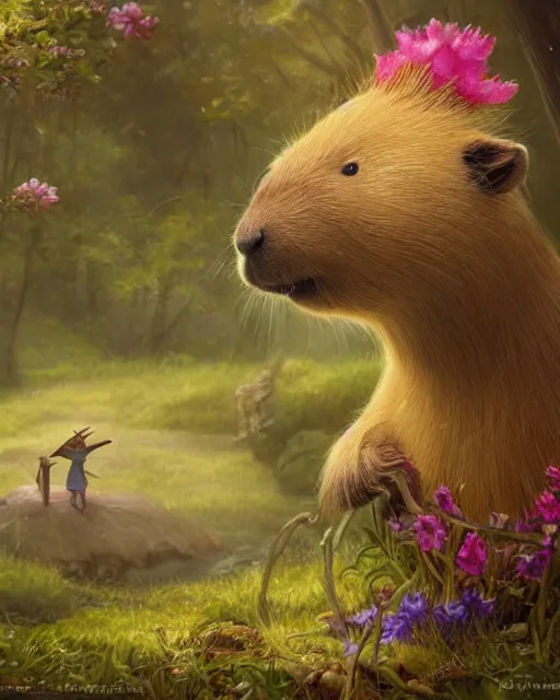 Image similar to Capybara playing Guitar in magical forest, portrait, magical notes, flowers, flower dress, fairy atmosphere, magic the gathering artwork, D&D, fantasy, cinematic lighting, centered, symmetrical, highly detailed, digital painting, artstation, concept art, smooth, sharp focus, illustration, volumetric lighting, epic Composition, 8k, art by Akihiko Yoshida and Greg Rutkowski and Craig Mullins, oil painting, cgsociety