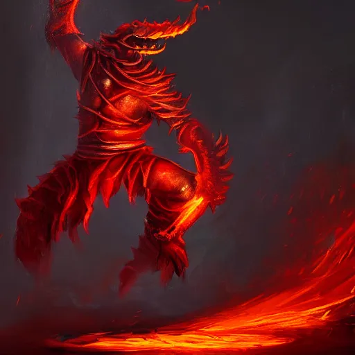 Image similar to A red Dragonborn monk, wearing a white robe, leaping through flames, dramatic lighting, cinematic, detailed oil painting, trending on artstation