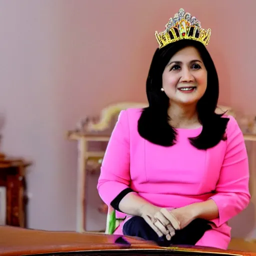 Prompt: vice-president of the Philippines, Leni Robredo, wearing pink dress, wearing a queen's crown, funko pop