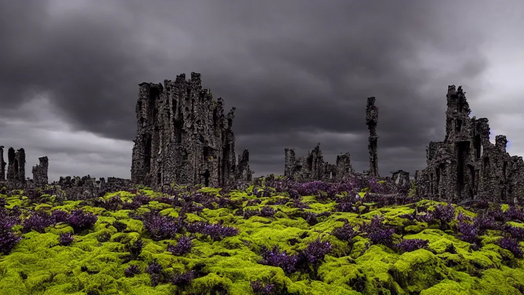 Prompt: a very dark and gloomy sky pierced by gnarly dark towers made of lavas on a ruin with moss, with tiny purple glowing butterflies