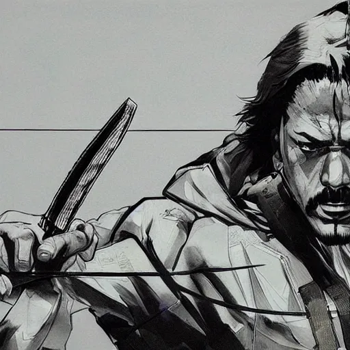 Image similar to splitting a bullet with a sword, samurai vs swat team hyperrealism yoji shinkawa