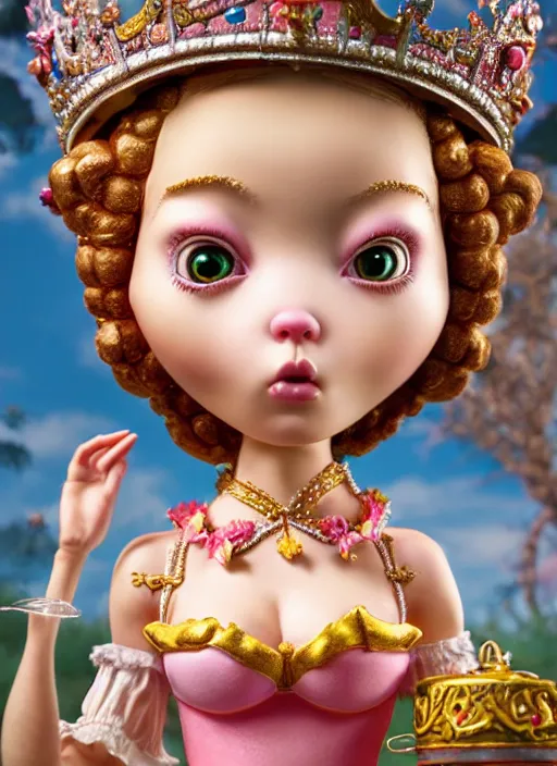 Image similar to highly detailed closeup, face profile portrait of a tin toy fairytale princess wearing a crown eating cakes, bikini, unreal engine, nicoletta ceccoli, mark ryden, earl norem, lostfish, global illumination, detailed and intricate environment