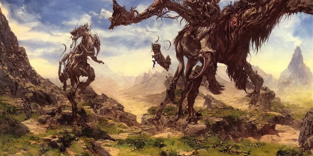 Image similar to epic fantasy landscape in the style of frank frezetta,