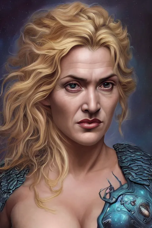 Image similar to A fantasy comic book style portrait painting of Kate Winslet, Cory Chase, hybrid, as an Atlantean Reptilian Warrior, François Boucher, Oil Painting, Mystical Valkyrie, unreal 5, DAZ, hyperrealistic, octane render, Regal, Refined, Detailed Digital Art, RPG portrait, Michael Cheval, William-Adolphe Bouguereau, Walt Disney (1937), Steampunk, dynamic lighting, Highly Detailed, Cinematic Lighting, Unreal Engine, 8k, HD