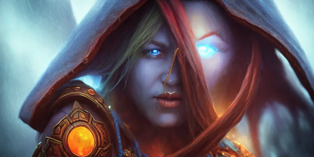 Image similar to hyperrealist distant portrait of sylvanas windrunner on a blue planet spectrum rain. by bayard wu, fantasy, spectrum photorealistic, octane render, unreal engine, dynamic lighting, trending on artstation, poster, volumetric lighting, very detailed faces, 4 k, award winning