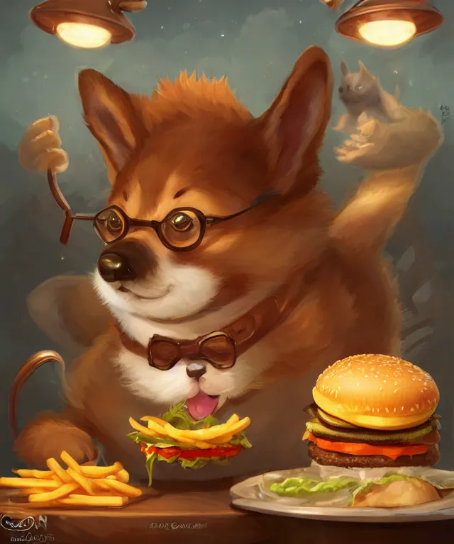 Image similar to a portrait of an anthropomorphic corgi cat eating hamburgers and fries, restaurant in background, cute and adorable, dnd character art portrait, well rendered matte fantasy painting, deviantart artstation, by jason felix by steve argyle by tyler jacobson by peter mohrbacher, cinematic lighting