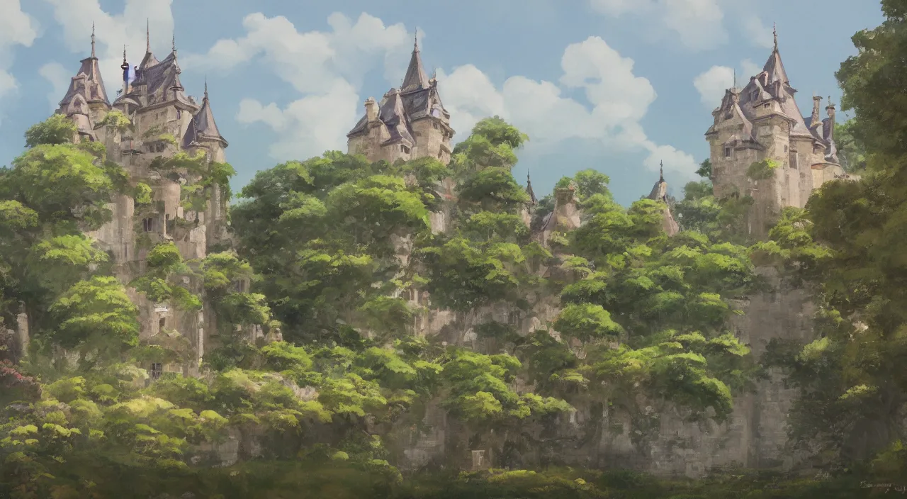 Image similar to a landscape painting of a French castle, with a garden, by Studio Ghibli, trending on artstation