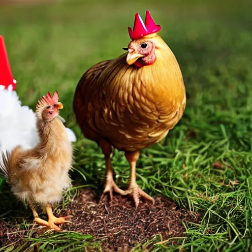 Image similar to a light downed baby chick is standing beside a rooster and a tiny birthday cake