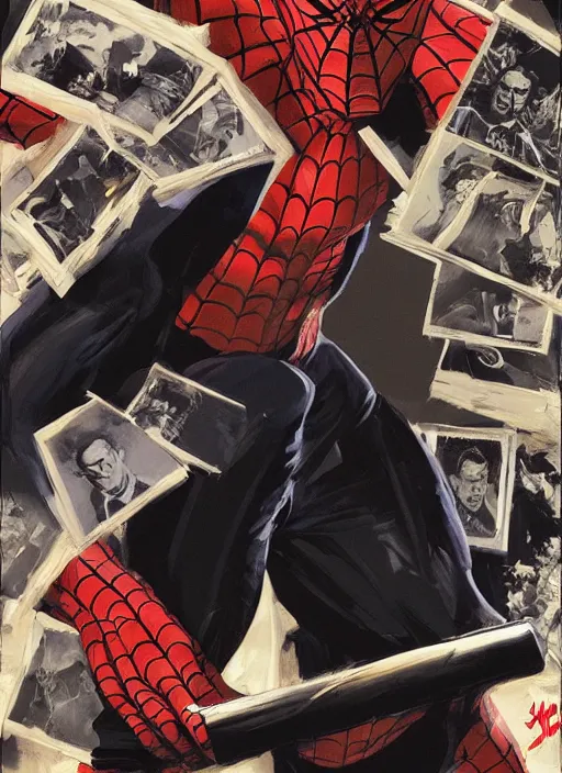 Image similar to j jonah jameson holding pictures of spider - man, angry, screaming, pictures flying, painting by phil hale, fransico goya,'action lines '!!!, graphic style, visible brushstrokes, motion blur, blurry, visible paint texture, crisp hd image