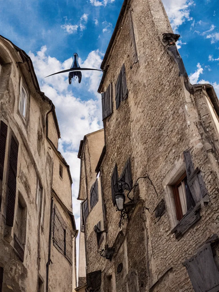 Image similar to painting, photography of a an alien spaceship over the sky in a medieval old city in france