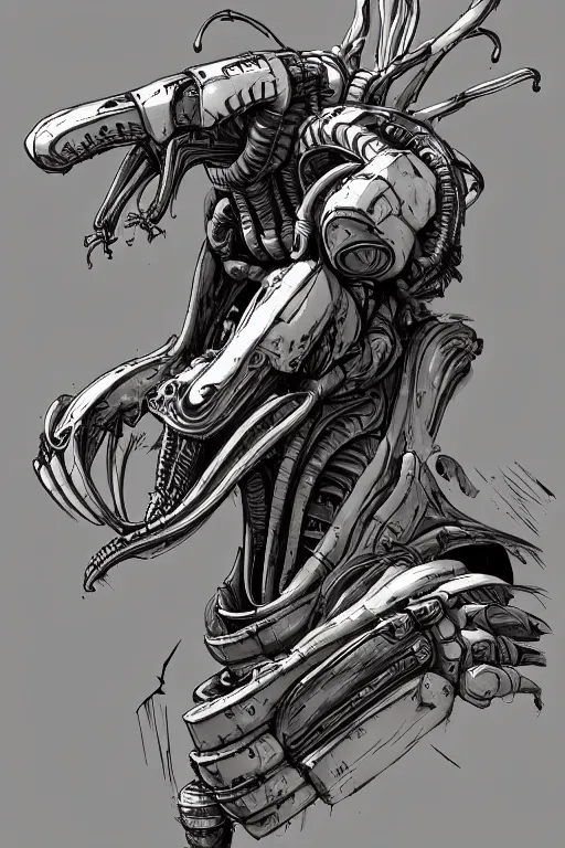 Prompt: a study of cell shaded portrait of a Xenomorph mech as Borderlands 3 concept art, llustration, post grunge, concept art by josan gonzales and wlop, by james jean, Victo ngai, David Rubín, Mike Mignola, Laurie Greasley, highly detailed, sharp focus, alien, Trending on Artstation, HQ, deviantart, art by artgem