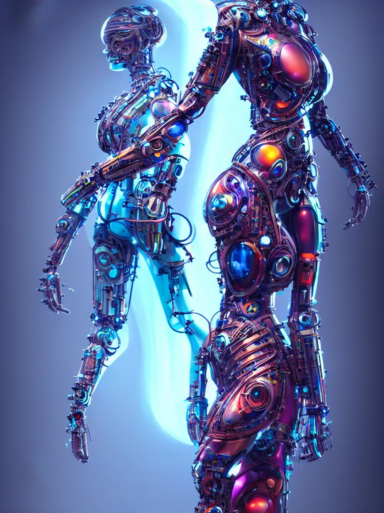 Image similar to full lenght shot woman in biomechanical dress, inflateble shapes, wearing epic bionic cyborg implants of different colors, masterpiece, intricate, biopunk futuristic wardrobe, highly detailed, artstation, concept art, background galaxy, cyberpunk, octane render