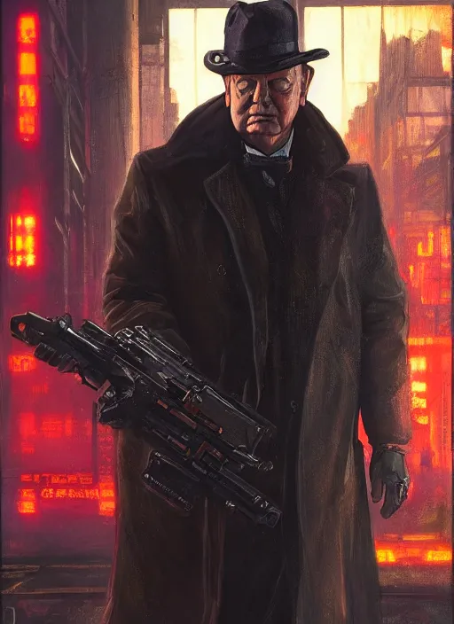 Prompt: Winston Churchill. Powerful Cyberpunk assassin in tactical gear. blade runner 2049 concept painting. Epic painting by James Gurney, Azamat Khairov, and Alphonso Mucha. ArtstationHQ. painting with Vivid color. (rb6s, Cyberpunk 2077)