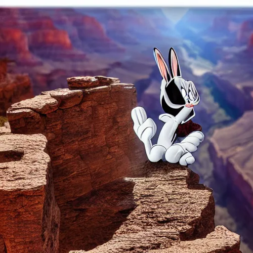 Prompt: Photo of a 3D Bugs Bunny in front of the Grand Canyon, sweating profusely, photography, HDR