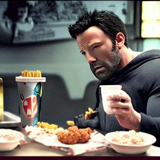 Prompt: Hyper-realistic photo of Ben Affleck's Batman eating at KFC. Extremely detailed. Beautiful. 4K. Award-winning