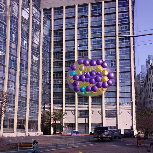 Prompt: giant inflatable bubbles attached to the facade of a 1960’s office building’s windows. Inside the inflatable bubbles are scaffold that hold floors with furniture and people. The inflatable bubbles are made out of clear plastic sheeting. Ultrarealistic, vray, 8k, cinematic.