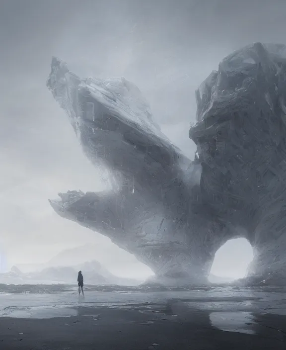 Image similar to surreal romantic prometheus horizontal white building architecture by ruan jia, futuristic blame, white architecture in the beach in iceland, foggy, highly detailed, digital painting, arstation, concept art, hyperealistic octane render, unreal engine
