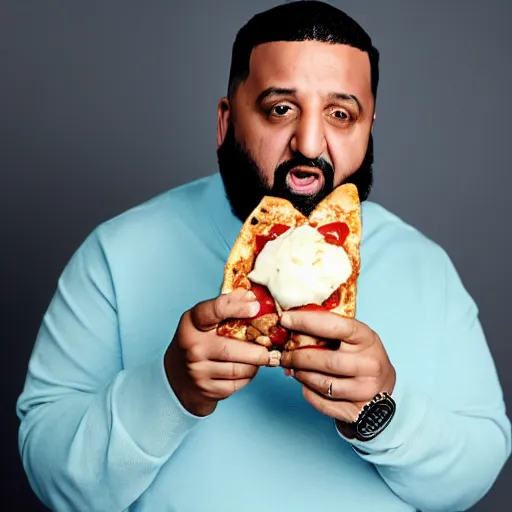 Prompt: studio portrait of DJ khaled holding a slice of pizza in his mouth holding ice cream