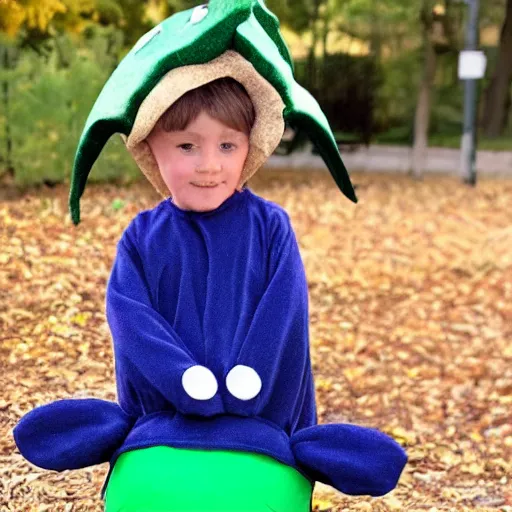 Prompt: four year old boy dressed up as a turtle, halloween costume, blonde hair,