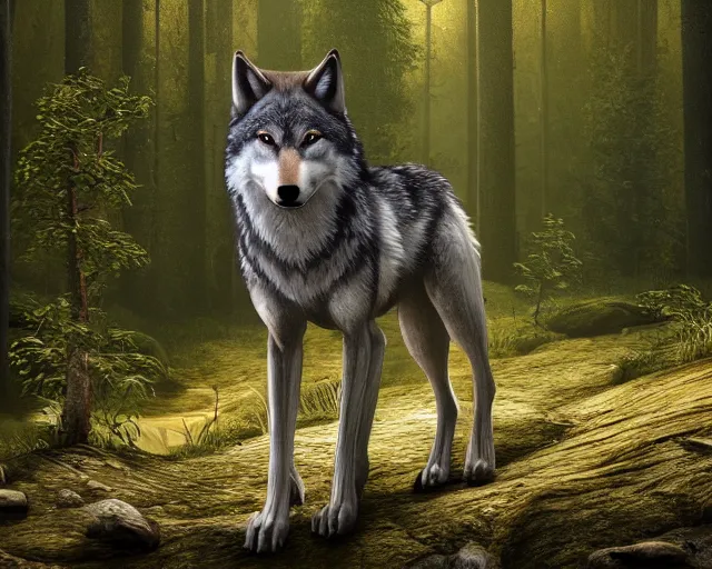 Prompt: a wolf standing on a riverbank in a forest, natural lighting, very coherent, ultra realistic, concept art, intricate details, highly detailed, photorealistic, octane render, 8 k, unreal engine