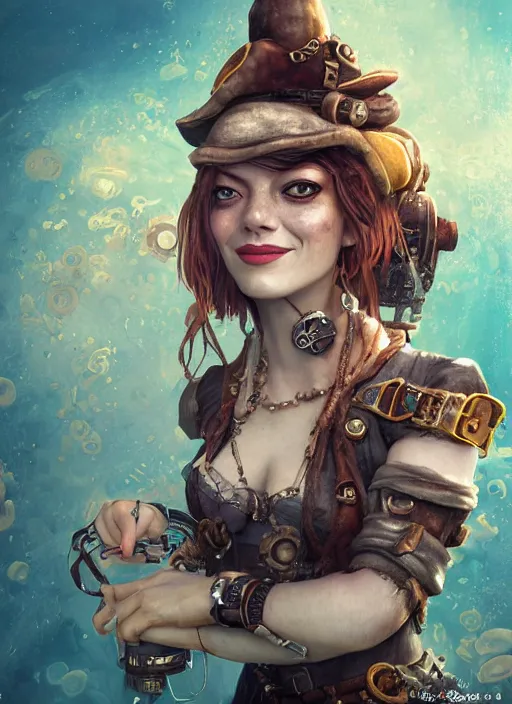 Image similar to underwater steampunk pirate portrait of emma stone, hyper detailed, digital art, trending in artstation, cinematic lighting, studio quality, smooth render, unreal engine 5 rendered, octane rendered, art style by klimt and nixeu and ian sprigger and wlop and krenz cushart.