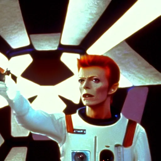 Image similar to film still of David Bowie as David Bowman in 2001 a space odyssey, 4k