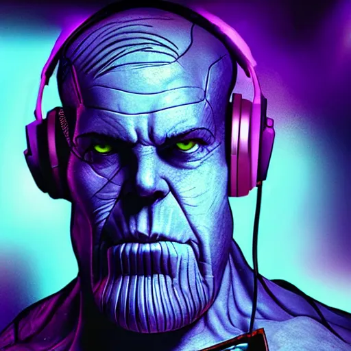 Prompt: thanos is a dj at a cyberpunk rave, he's wearing headphones and telling you to hold on a sec, holding 1 finger out to signify : wait a minute