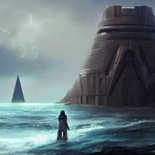 Image similar to star wars concept art by greg rutkowski, a palatial and imposing tall god humanoid back view of pyramid tech tower emerging from the sea in the middle of a ocean landscape, enigmatic atmosphere, beautiful and cinematic lighting, artstation hq.