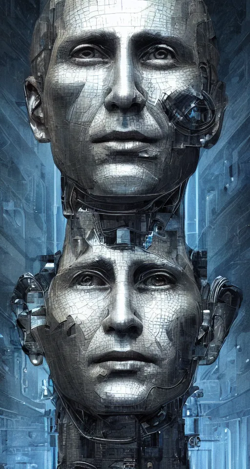 Image similar to hyperrealistic mixed media portrait of a Robot of Vladimir Putin forward angle, stunning 3d render inspired art by P. Craig Russell and Barry Windsor-Smith + perfect facial symmetry + dim volumetric lighting, 8k octane beautifully detailed render, post-processing, extremely hyperdetailed, intricate futuristic mechanic parts, epic composition, grim yet sparkling atmosphere, cinematic lighting + masterpiece, trending on artstation