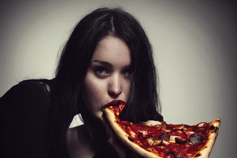 Prompt: A dark, brooding young woman eating a delicious pizza, studio portrait, dramatic lighting, trending on artstation
